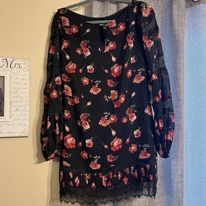 White House Black Market size 10 Short black lace dress with red floral print